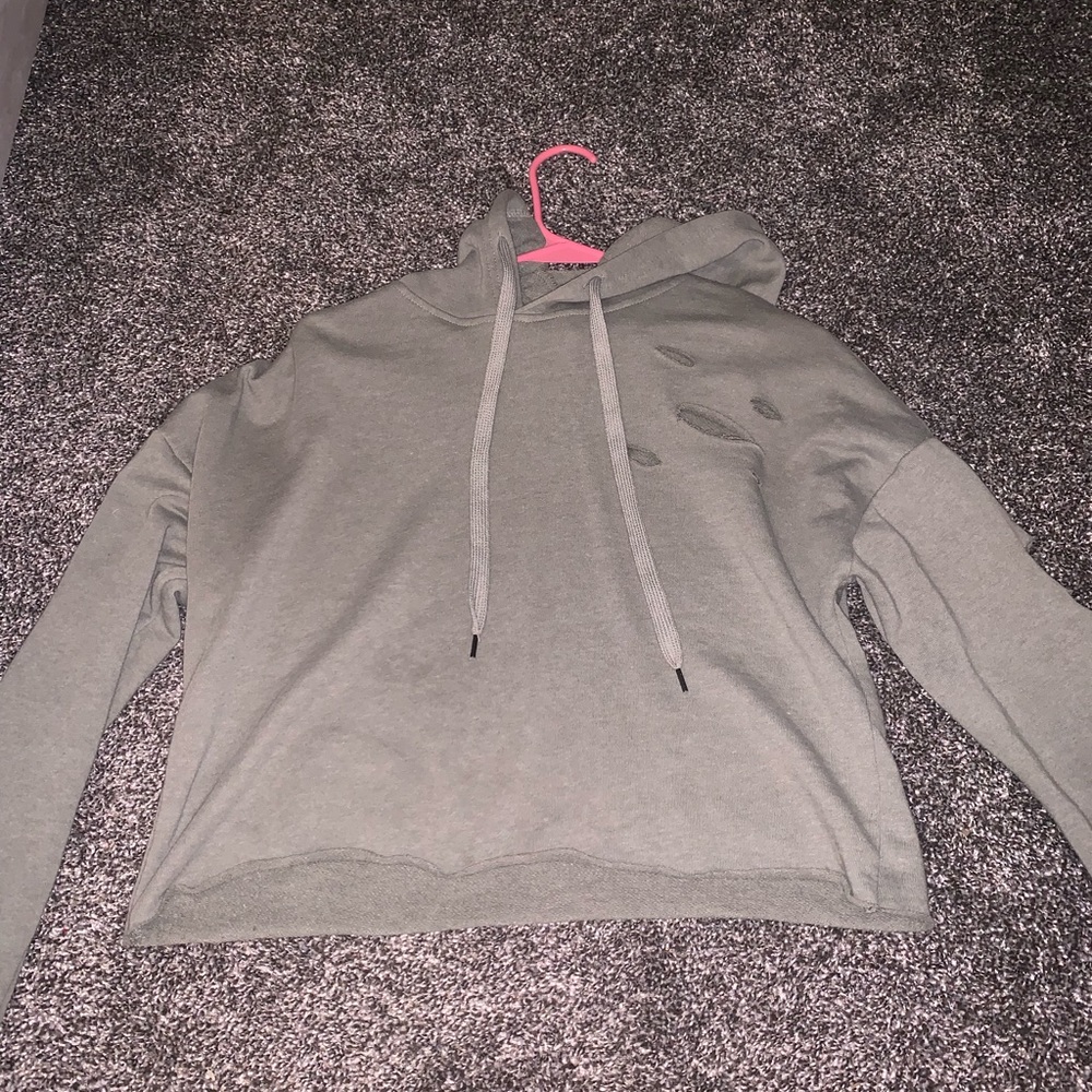 Distressed olive green cropped hoodie